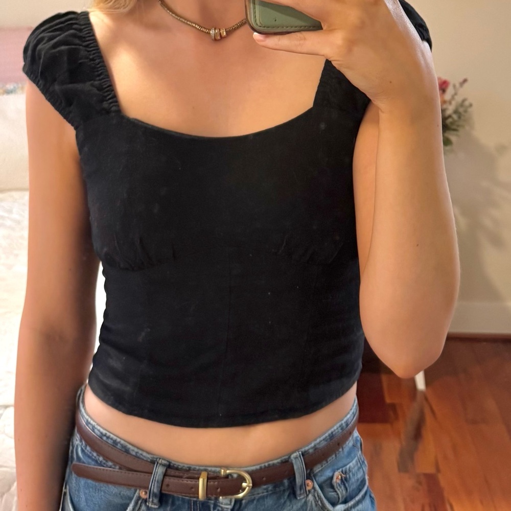 Abercrombie & Fitch Black Square-Neck Ruched Cap-Sleeve Crop Top
